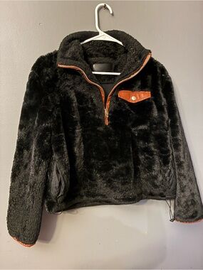 Blank NYC Black Faux Fur Pullover with Brown Trim